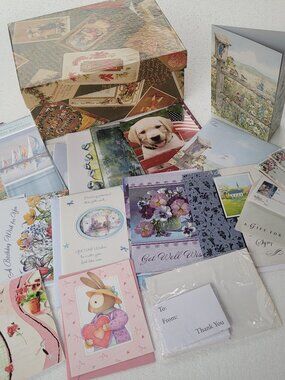 Deluxe 46 Greeting Cards Stationery Gift Box w/ Dividers Wrapping Paper 2 Bags